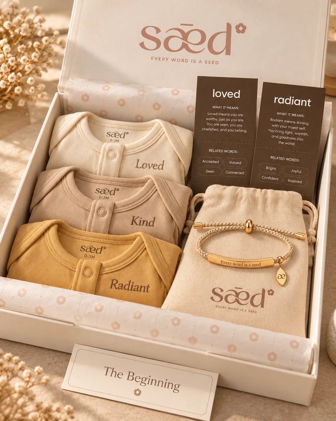 Styled illustration of the SAĒD Gift Box in Loved, Kind and Radiant
